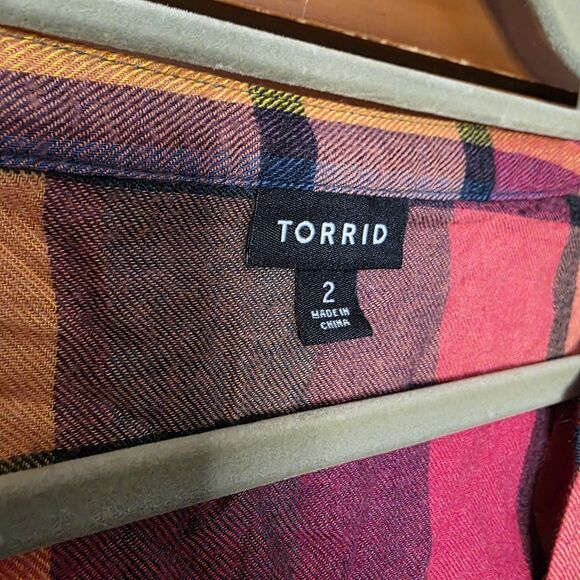 Torrid Plaid Dress Size 2 Orange Blue Zip Pockets Roll Sleeves Cinch Waist - Picture 8 of 9